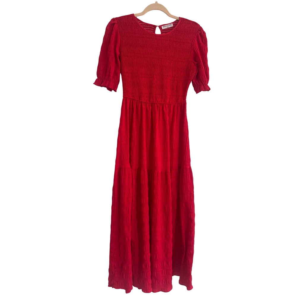 Solution Red Smocked Tiered Maxi Dress Womens S Puff Sleeve Boho Prairie
